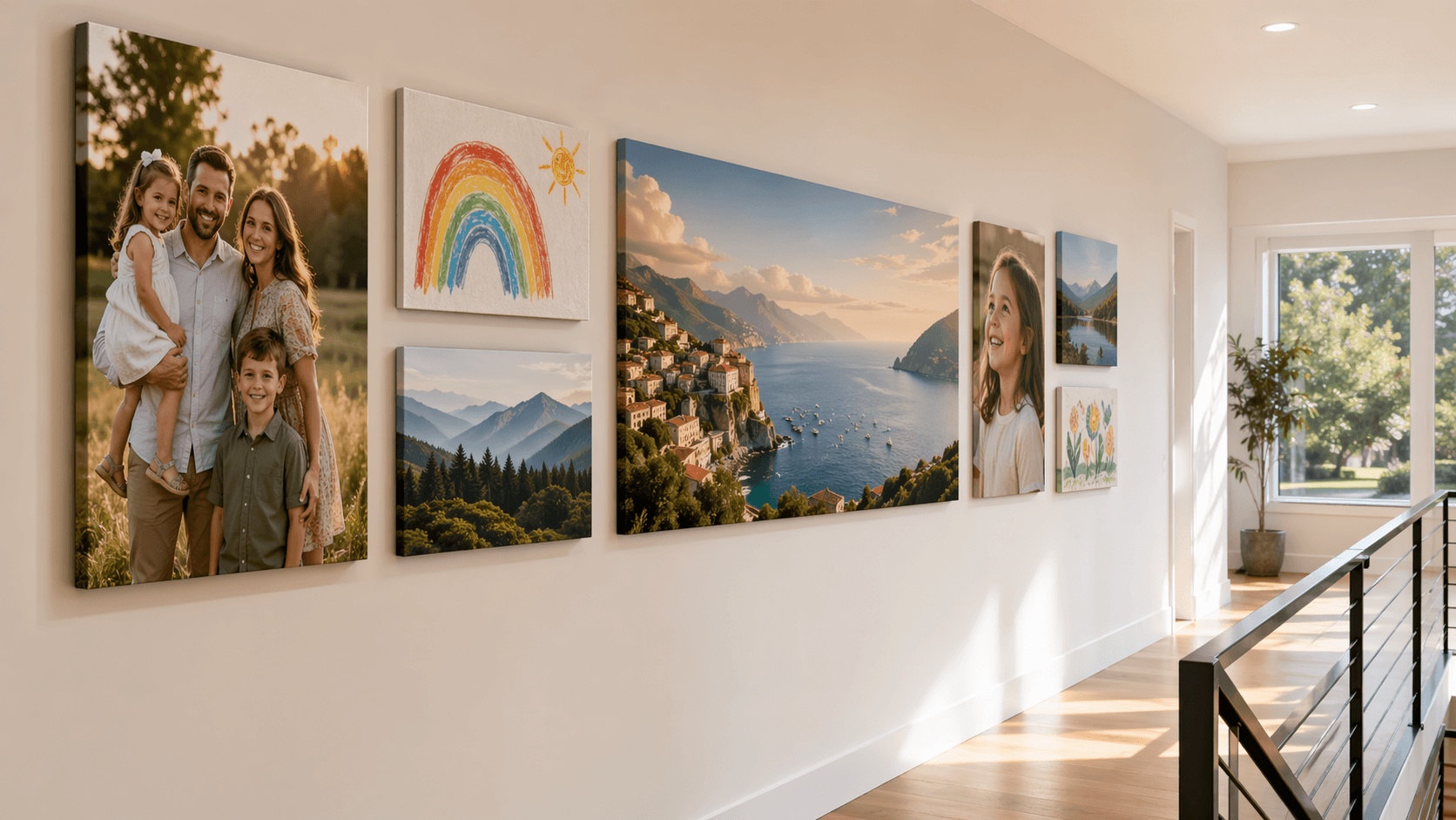 Hallway gallery wall of family photos and artwork printed on canvas