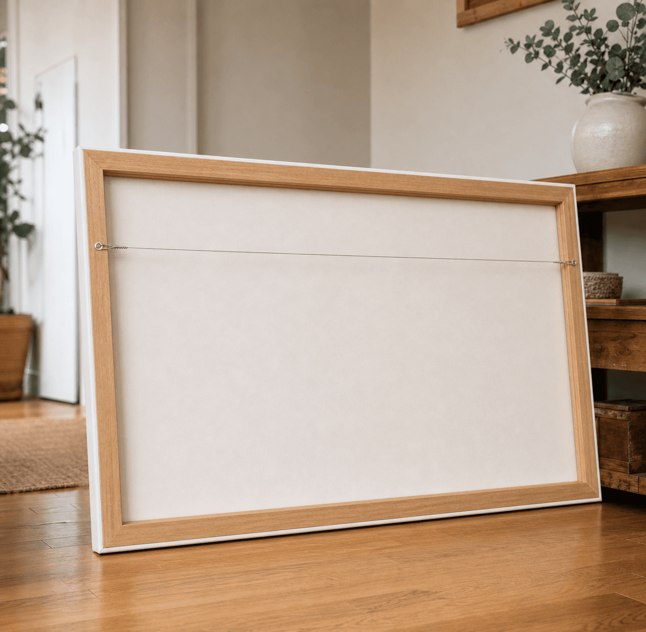 Back of a 60 by 40 inch landscape stretched canvas showing the timber frame, white wrapped edge, and hanging wire