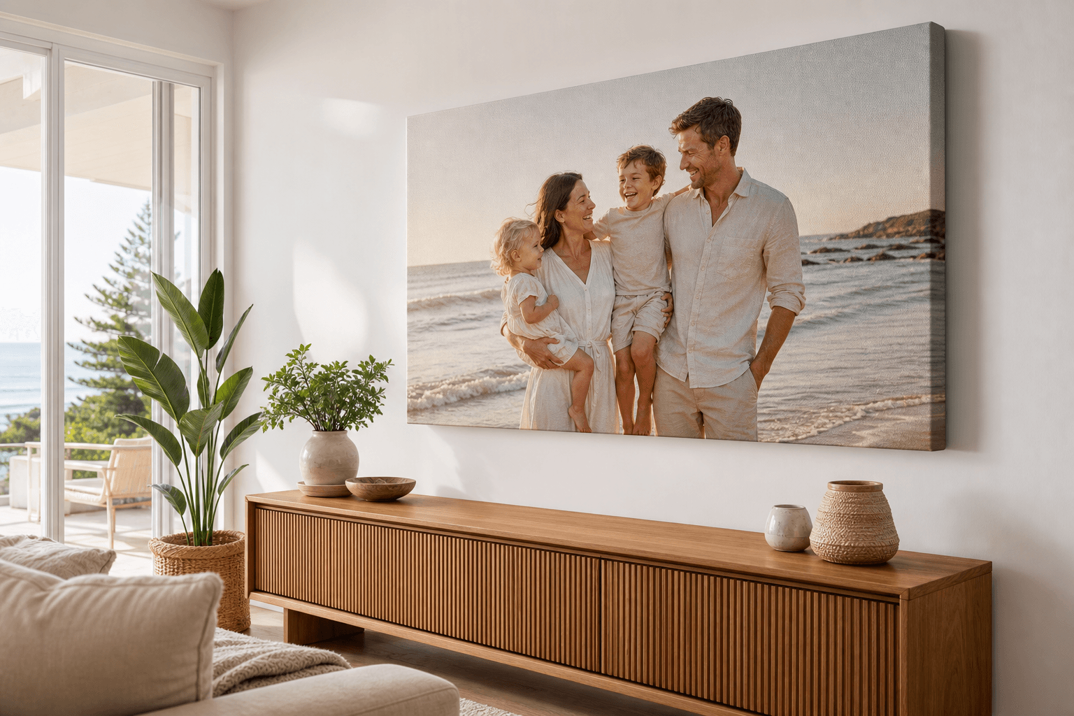 Large family photo canvas above a timber sideboard in a bright Australian living room