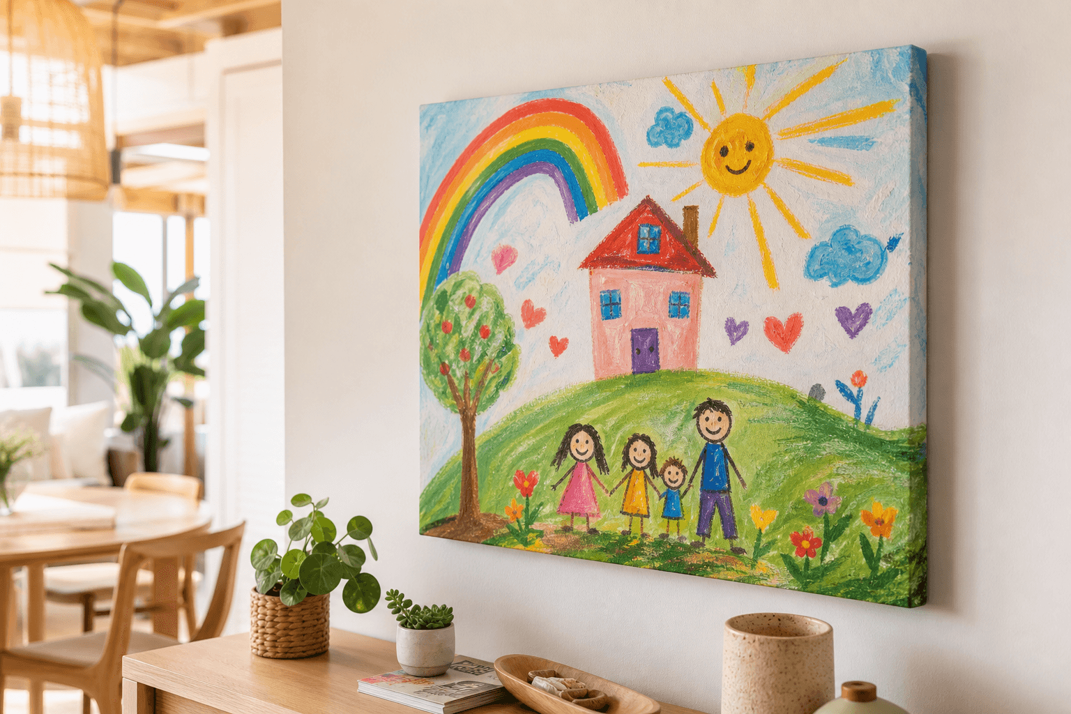 Child's colourful artwork printed as a finished stretched canvas in a family home